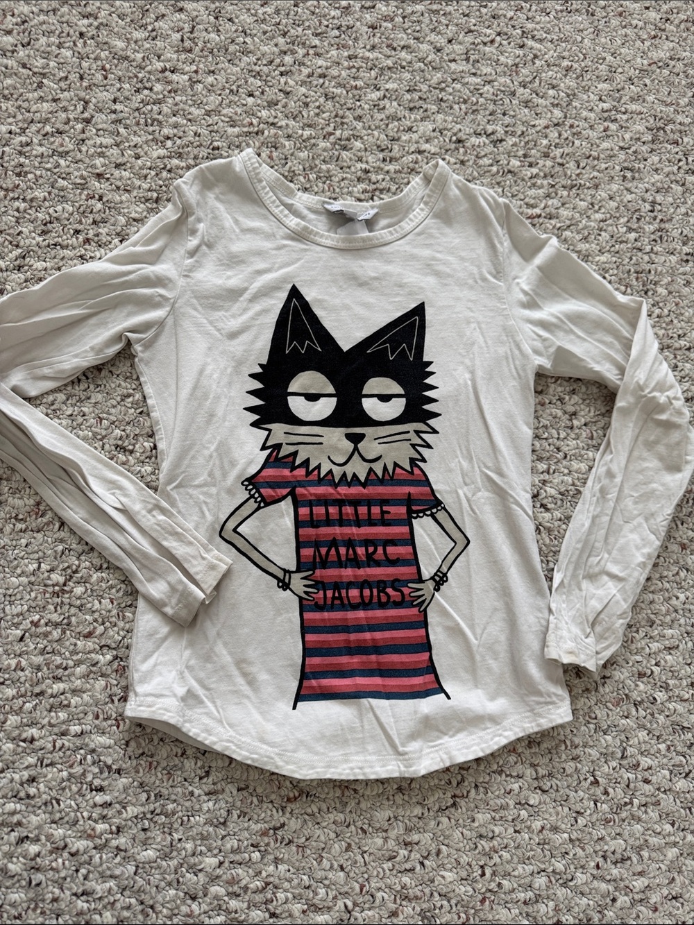 Little Marc Jacobs White Long Sleeve Cat Graphic Tee with Pink and Navy Stripes